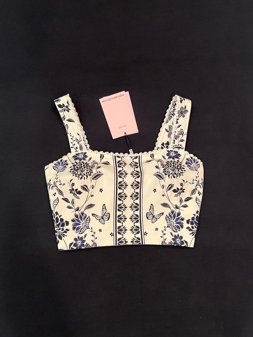 Avec Les Filles Blue Off White Floral Butterfly Lace Back Zip Corset Crop Top XS